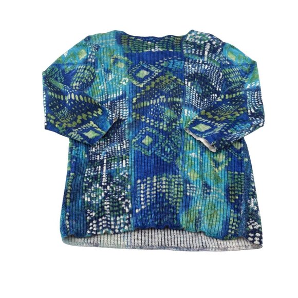 Chicos Women's Knit Top Size 1 Small 3/4 Sleeves Blue Green Aztec Cotton Rayon - Picture 3 of 5